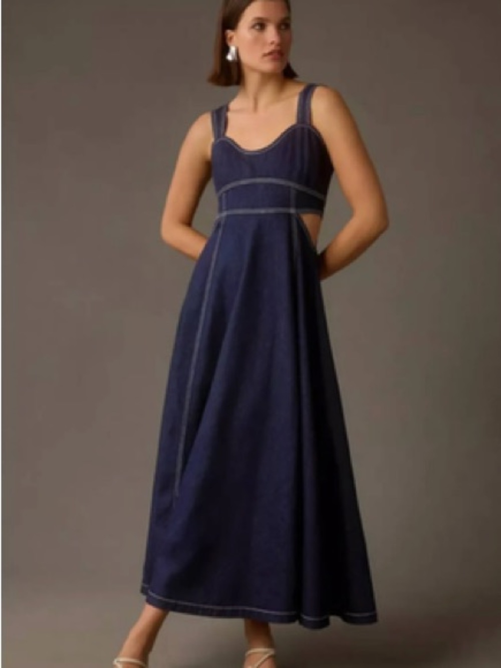 Anthropologie Navy Denim-Style Maxi Dress with Cutout Waist